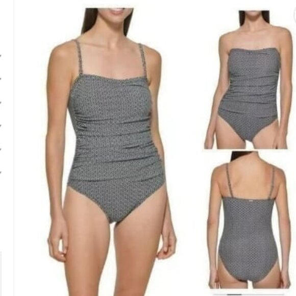 DKNY Diamonds Bandeau Maillot One Piece Swimsuit Blk\Wht S NWT - Picture 1 of 8